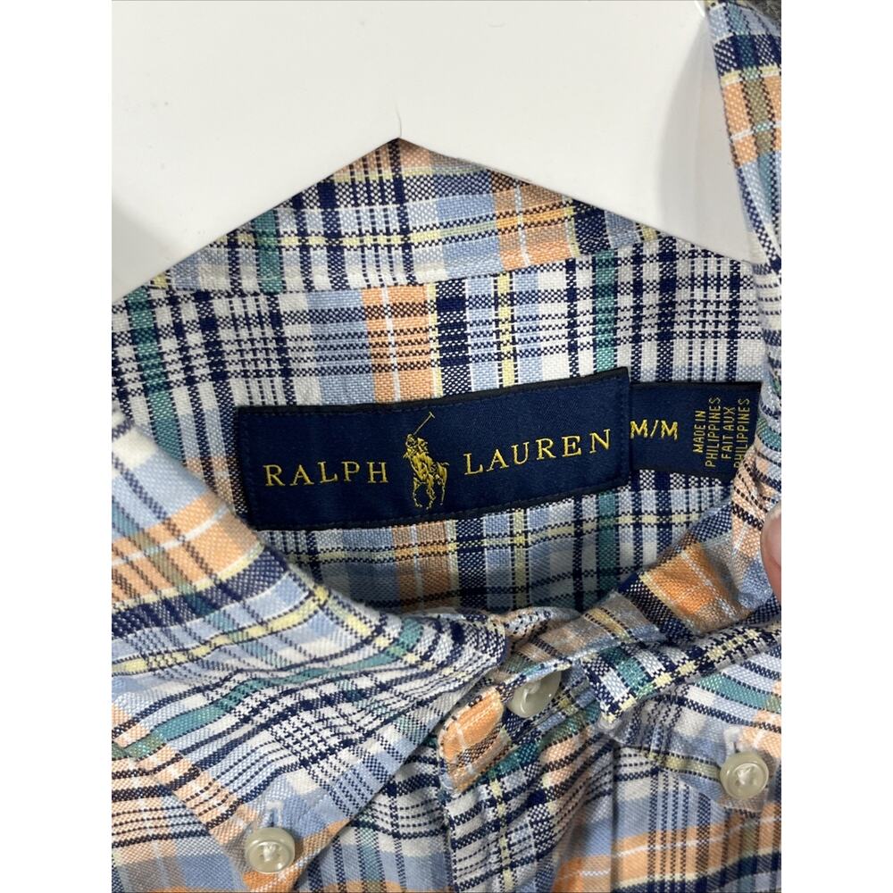 Ralph Lauren Shirt Custom Fit Mens M Blue Plaid Mediumweight Flesh Pony Preppy - Picture 4 of 9